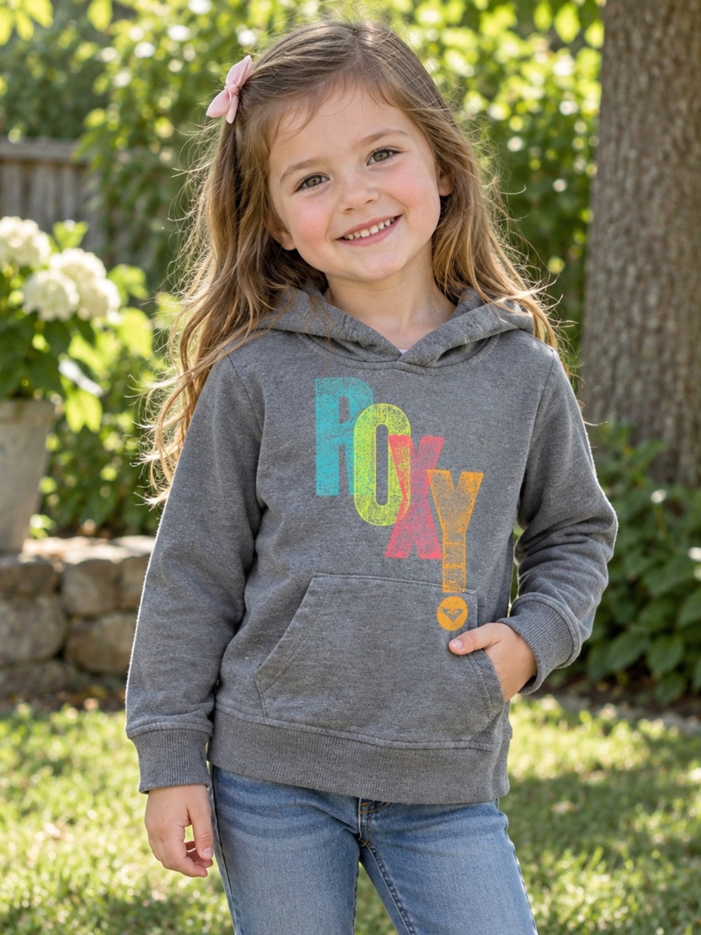 Roxy Girls Grey Multicolor Graphic Pullover Hoodie Sweatshirt | Size 4